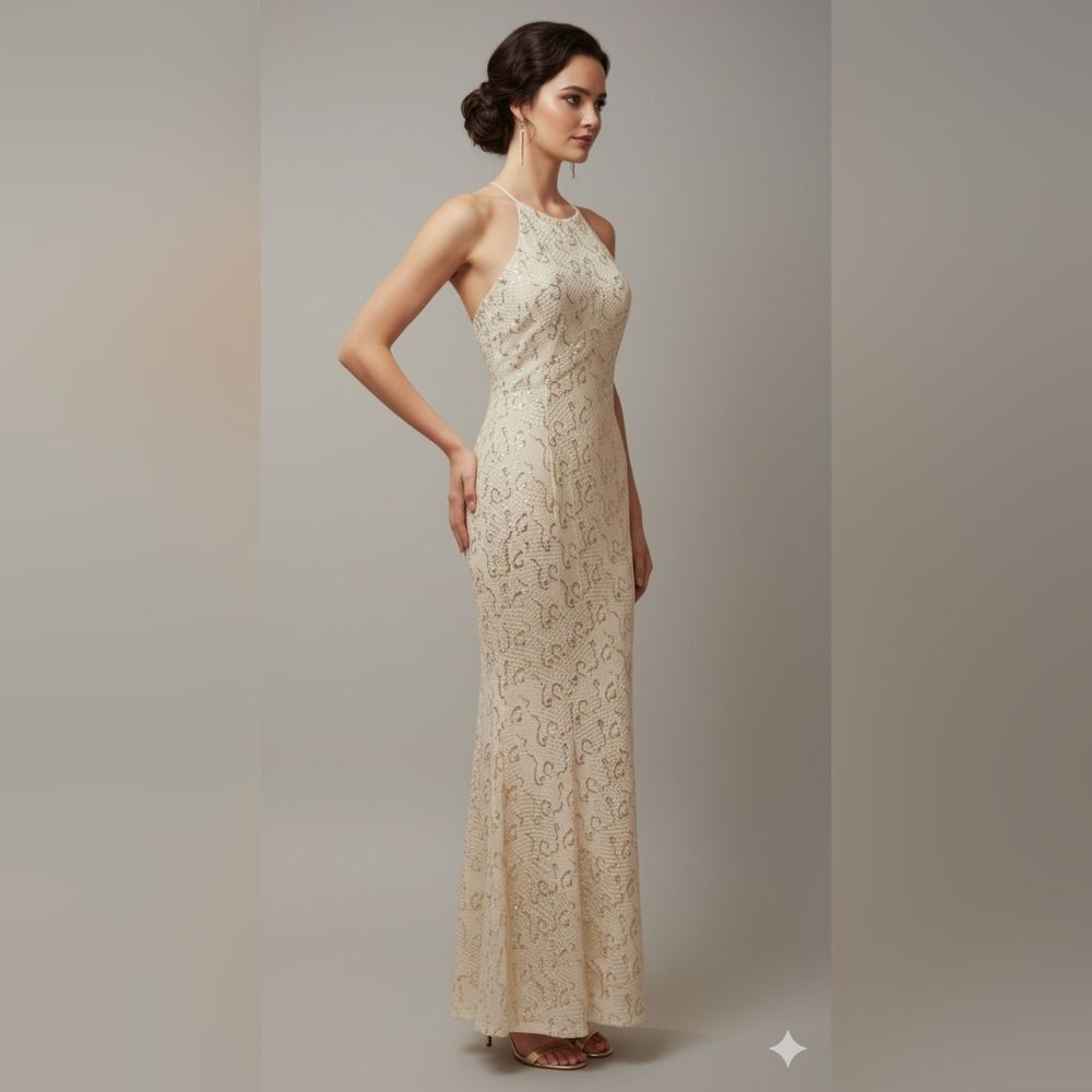 Bailey Blue Womens NWT Ivory Cream Halter Sequins Maxi Mermaid Dress Size Medium